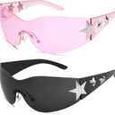 Rimless Y2K Sunglasses Star Wrap Around Glasses 2000S Accessories for Women Men Trendy Fashion Cool Shield Shades (Black/ Black, Pink/ Pink)
