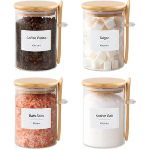TIPGO Sugar Jar Bath Salt Container 17 oz Glass Jar with Bamboo Lid and Spoon, Sugar Cube Holder and Canister for Countertop, Glass Containers for Coffee Beans, Tea and Overnight Oats (4 Pack)
