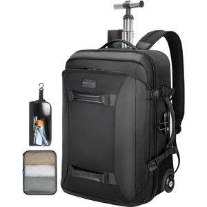Backpack with wheels,Rolling laptop backpack with 2 Packing Cubes,Water-Resistant,Wheeled backpack Suitcase for Men Adults to Travel, Commuting,Black