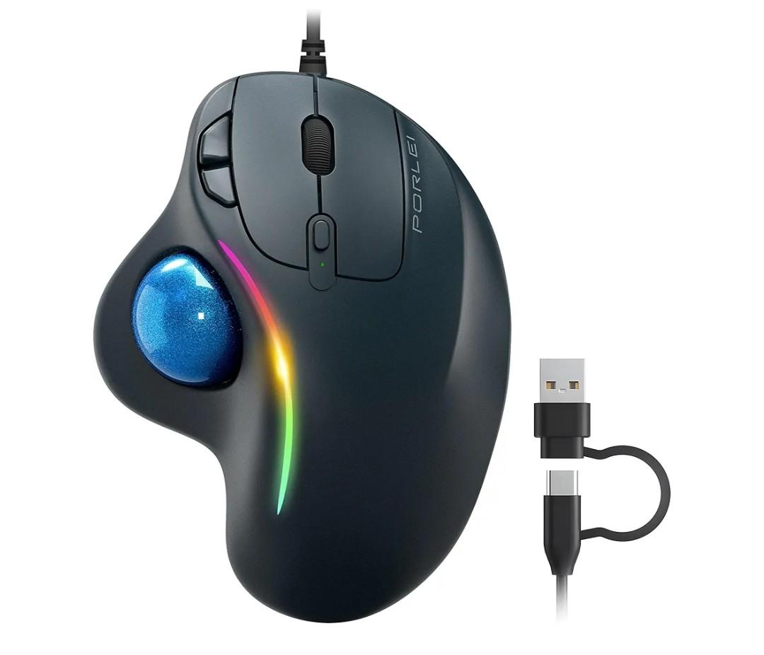 Wired Trackball Mouse with RGB Lighting, Ergonomic Thumb Control to Reduce Muscle Strain, 5 Adjustable DPI, Dual USB-C & USB-A Connectivity, Compatible with PC, Laptop, Mac, Windows-Blue