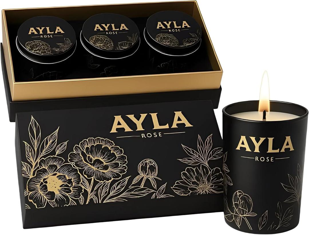 AYLA ROSE 3-Pack Scented Soy Wax Candles  Sandalwood, Jasmine & Lavender  Crackling Wood Wick  Aromatherapy & Home Decor  Reusable Tin  8.5oz Each Lasting Candles.