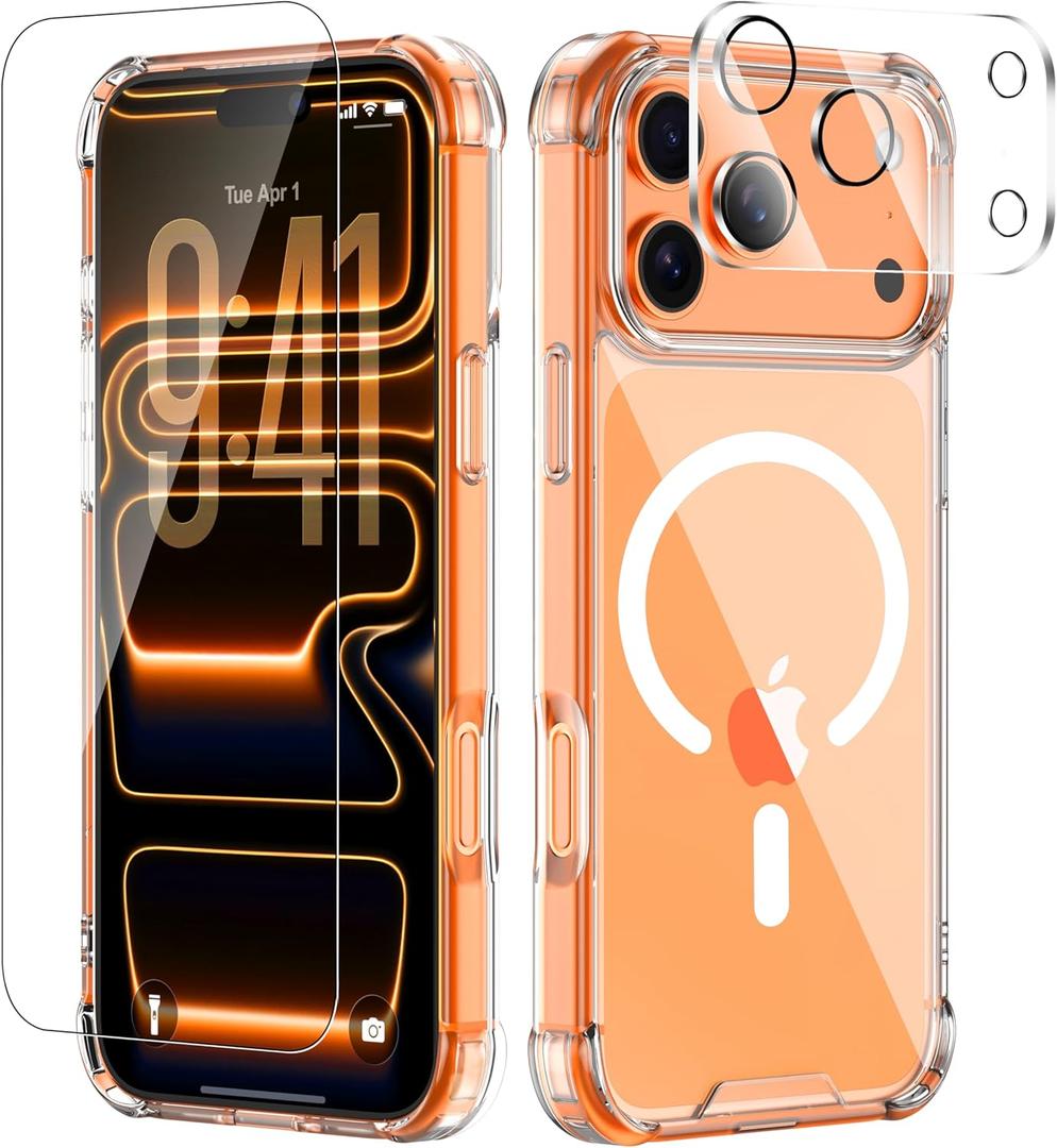 for iPhone 17 Pro Max Case with Tempered Glass Screen Protector & Lens Protector, Compatible with MagSafe, Military-Grade 4-Corner Shockproof, Magnetic & Anti-Yellowing Clear Case