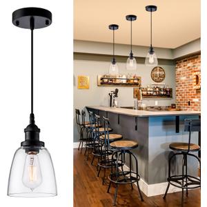 Pendant Light Over Island Hanging Lighting Industrial Clear Glass Adjustable Cord for Sink Kitchen Island Dining Room, Black, 1 Pack