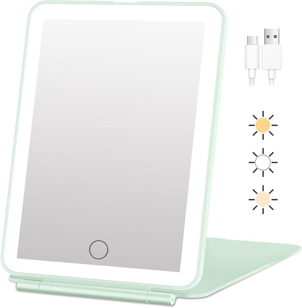 FUNTOUCH Rechargeable Travel Makeup Mirror with Lights, Portable 72 Led Lighted Makeup Mirror, 3 Color Lighting, Dimmable Touch Screen, Type C, Tabletop LED Folding Cosmetic Vanity Mirror