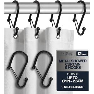 Set of 12 Black Metal S Hook Shower Hooks 1  Closed, Heavy Duty, Long Decorative Shower Curtain Hooks, Easy Glide, Buckle, Large Rust Resistant Rings for Bathroom Rods (Black, S)