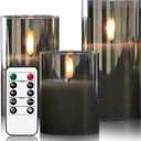GenSwin Glass Flameless Candles with Remote Battery Operated Flickering LED Pillar Candles Real Wax 3D Wick for Wedding Festival Home Decoration (Gray, Pack of 3)