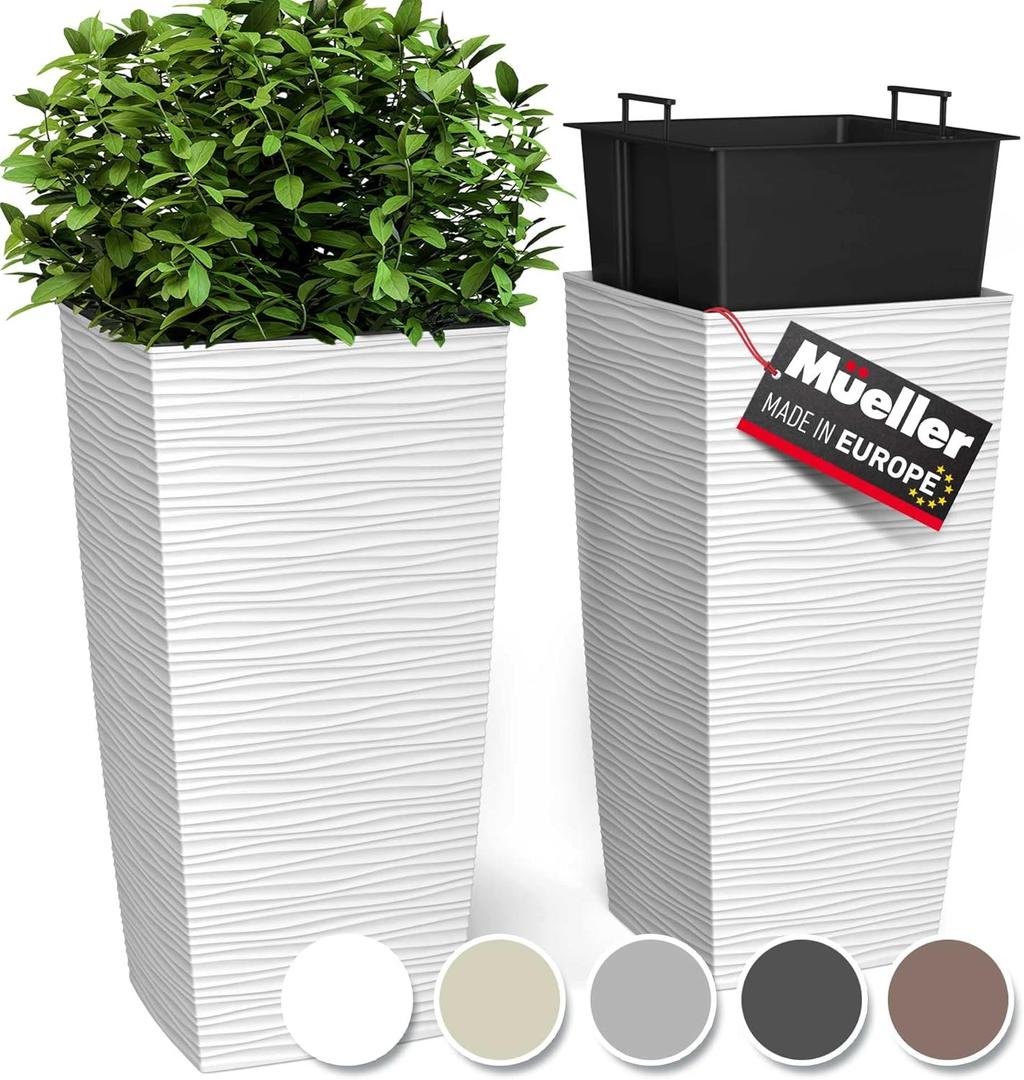 Mueller M-Resin Heavy Duty Tall Planters for Outdoor Plants, Indoor Grande Plant Pots, Boxes, Trees, Flower Pots, 2-Piece Set, 18, Modern Design, Built-in Drainage, Front Porch Decor, White (18 x 9", White)