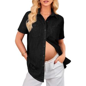 OUGES Womens Soft Stretchy Denim Shirt Summer Maternity Clothes Short Sleeve Jean Jacket Button Pregnancy Casual Coats (Black, L)