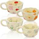 4 Styles Cute Ceramic Flower Coffee Mug Set 8.5 oz Vintage Aesthetic Porcelain Floral Tea Coffee Cup with Handle Dishwasher Microwave Safe for Thanksgiving Christmas Gifts for Women Gifts