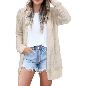 STYLEWORD Women's Fashion Cardigan Sweater Lightweight Open Front Long Casual Beach Kimonos Outfits with Pockets (X-Large, Apricot)