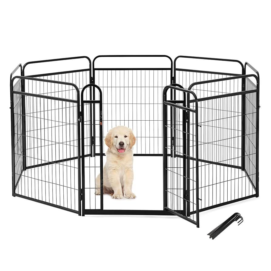 Dog Playpen Indoors - 8 Panels 24' Playpens Indoor Safety Design Without Stakes, Threshold Free Door Ease to Access, Portable Fence Ground Anchors for Outdoor, Yard and RV Camping
