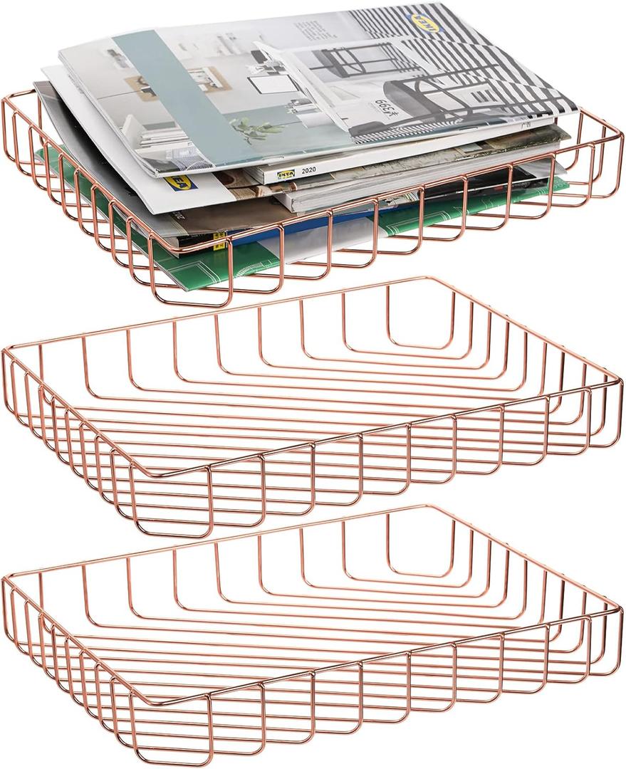 Okllen 3 Pack Wire File Tray, Rose Gold Desk Paper Letter Tray, Magazine Files Storage Basket Organizer Bin for Office, Pantry Home, Classroom, School