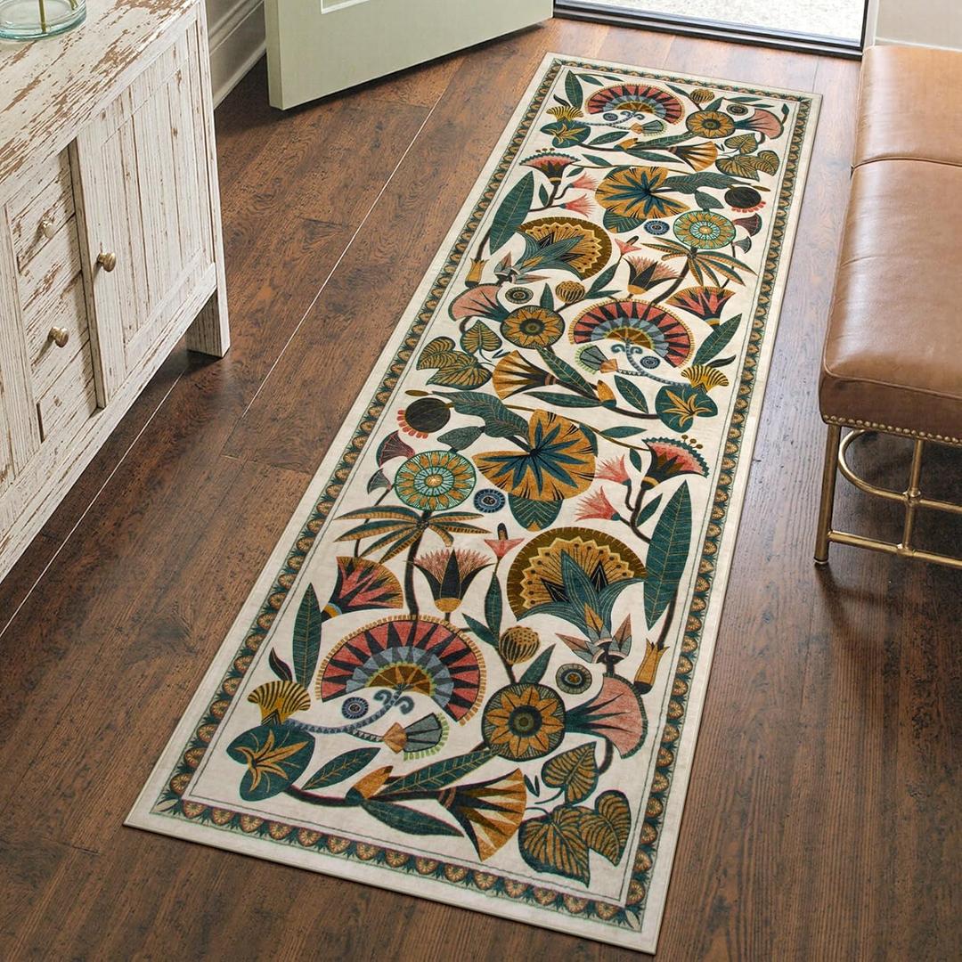 Zealude Washable Kitchen Runner Rug, Floral 2x6 Rug Runners for Hallways, Washbale Non Slip Beige Rugs, Soft Low Pile Carpet for Bedroom Entryway Laundry Room