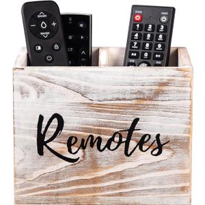 Rustic Two Slot Whitewashed Wood Remote Control Holder Tabletop Organizer Desk Wooden Storage Box Supplies Caddy Game Console Controller Multiple Media Mobile Phone Living Room Home Office