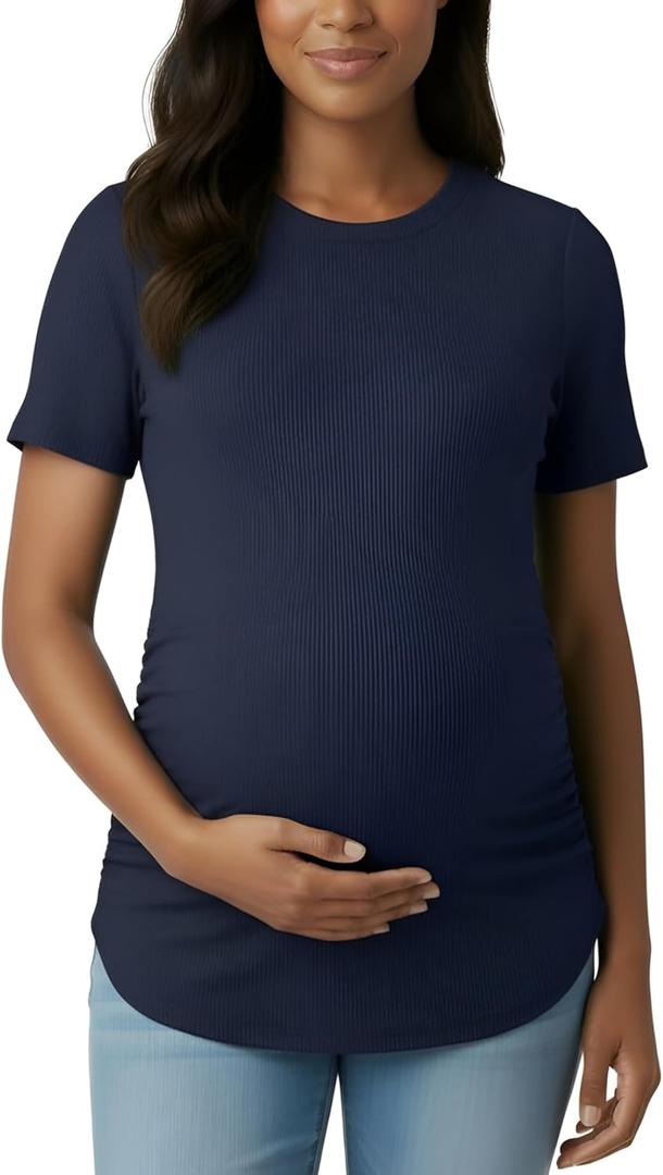 Motherhood Maternity Women's Short Sleeve Crew Neck Side Ruching Pregnancy Tee Shirt (Medium, Peacoat)
