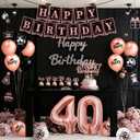 40th Birthday Decorations for Women, 54pcs Happy 40th Birthday Crown and Sash, Black Rose Gold Banner Backdrop Balloons Hanging Swirls Paper Fans, 40 Years Old Birthday Party Supplies Kit