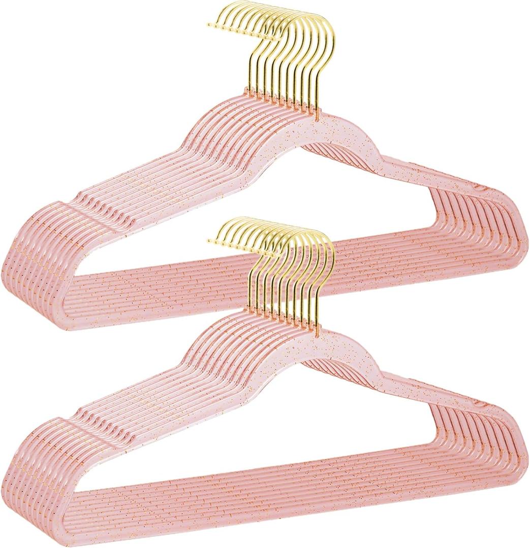 Pink Clothes Hangers 16", 20 Pack Plastic Clear Coat Hanger for Adult Closet, Durable Bling Ganchos de Ropa with Swivel Hook, Notched Shoulders & Ultra-Thin Space Saving Laundry Hanger for Dress Suits