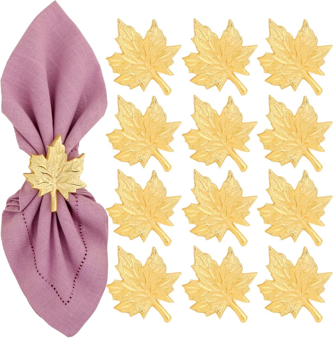 CLEENTABLE Maple Leaf Napkin Rings - Set of 12 Handcrafted Aluminum Napkin Holders for Cloth & Paper Napkins, Elegant Table Dcor for Wedding Receptions Thanksgiving Christmas Holiday Parties (Gold)