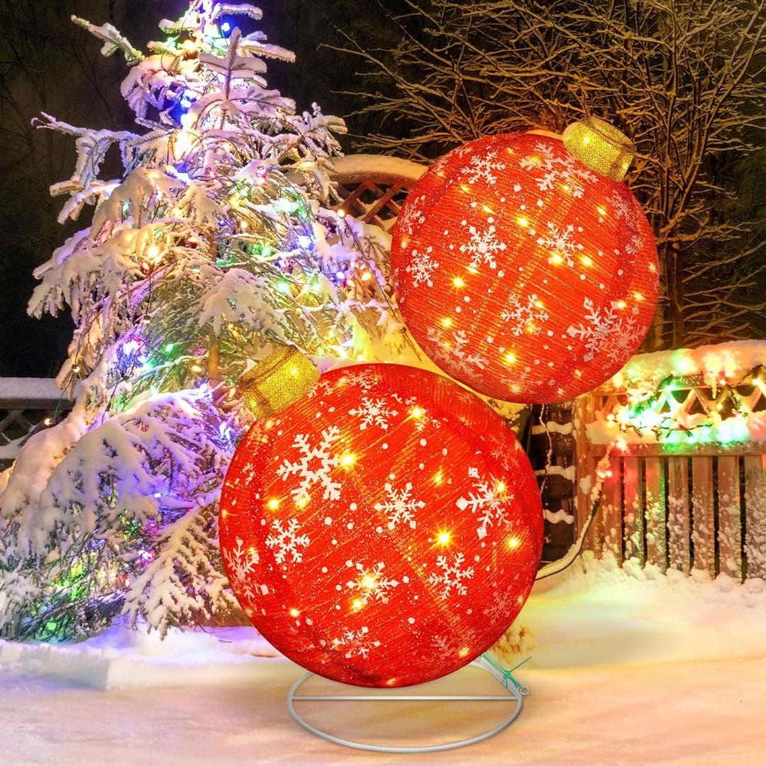 2.5 ft Lighted Pop up Outdoor Christmas Ornaments Stackable Giant 3D Pre Lit Christmas Balls Light up Collapsible Balls with 80 LED Lights for Holiday Yard Lawn Garden