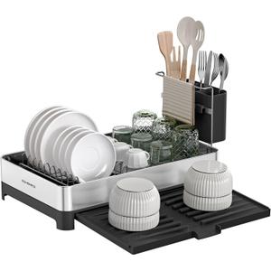 SONGMICS Small Dish Drying Rack, Expandable Dish Dryer for Kitchen Counter, Stainless Steel Dish Rack with Utensil Holder, Rustproof, for Dishes, Knives, Spoons, Forks, Silver and Black UKCS035B01 (Silver + Black)