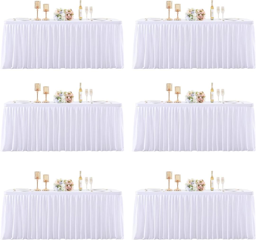 6 Packs White Tableclothes for 8 Foot Rectangle Tables, Wrinkle Free Fitted Table Cloth 8ft Stretch Table Cover with Skirt for Parties Weddings Birthday Banquet Baby Shower