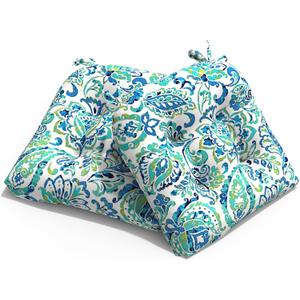 Patio Wicker Chair Cushions, All Weather Outdoor Tufted Chair Pads Pack of 2, 19 x 19 x 4 Inch U-Shaped Seat Cushions of Garden Furniture Decoration, Paisley Cyan