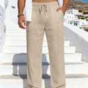 Men's Casual Linen Pants Loose Fit Drawstring Waist Lightweight Linen Trousers Summer Yoga Beach Long Pants, Size XXL