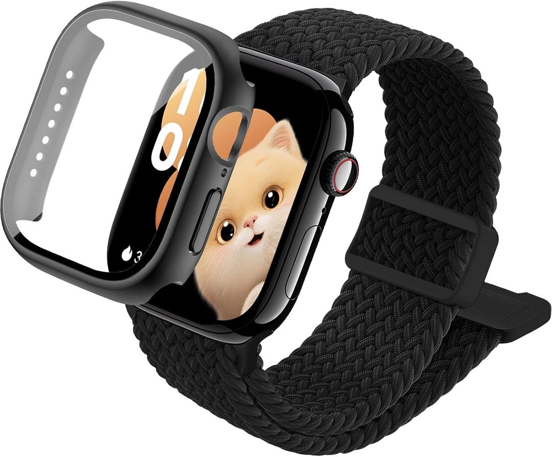 Compatible with Kids Apple Watch Band and Case 38mm 40mm 41mm 42mm 44mm 45mm, Nylon Elastic Solo Loop and Protective Cover with Screen Protector for iWatch Series 9 8 7 SE3 SE2 SE 6 5 4 3 2 1