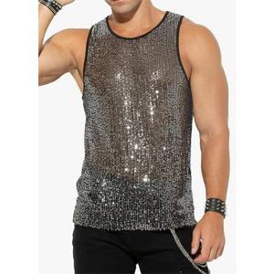 Sparkly Tank Top See-Through Mesh Sequin Disco Vest. Size XL