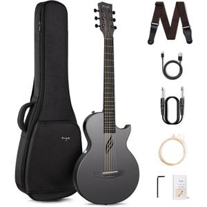 Carbon Fiber Nova Go SP1 Enya Acoustic Electric Guitar 35 Inch Travel with Smart Pickup Built-in Effects & Bluetooth Starter Bundle Kit of Gig Bag, Strap, Strings, Instrument Cable(Black)