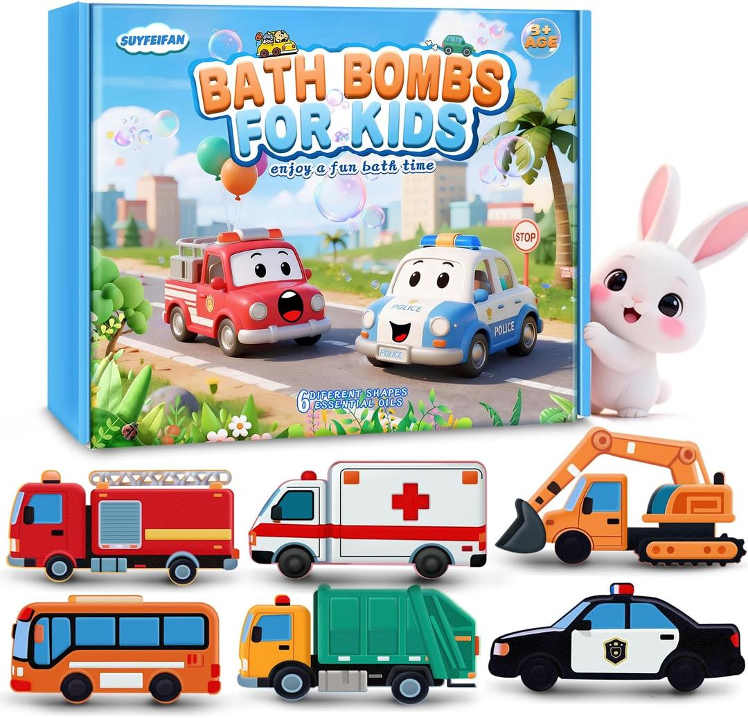 Easter Bath Bombs for Kids, Perfect Easter Basket Stuffers for Boys Girls, Handcrafted Car 6 Pack Natural Organic Bubble Bath Bomb Toys, Shaped Like Excavators, Police Car, School Buses, Fire Trucks