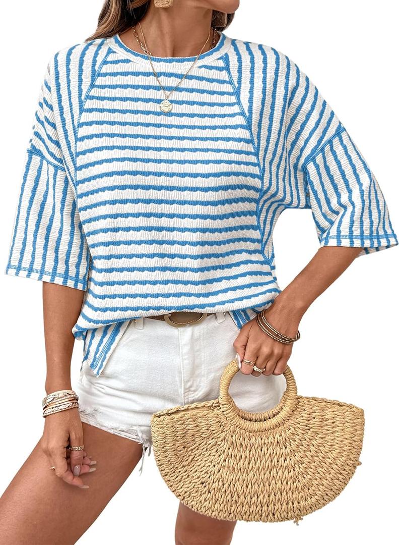 Dokotoo Womens Summer Tops Oversized Tshirts for Women Striped Color Block Short Sleeve T Shirts Crewneck Casual Tee Blouses (XXL)
