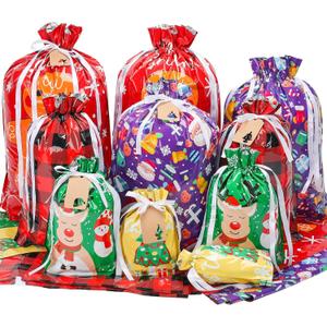 33 Pack Drawstring Christmas Gift Bags Assorted Sizes, Reusable Holiday Wrapping Bags for Presents, Plastic Xmas Gift Bag with Drawstring - Extra-Large, Large, Medium, Small Christmas Bags for Gifts