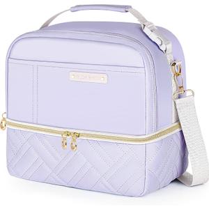 Double Deck Lunch Box Bag Women - Vegan Leather Insulated Waterproof Leakproof Cooler for Work Travel Picnics - Teacher Mothers Day Christmas Birthday Gifts