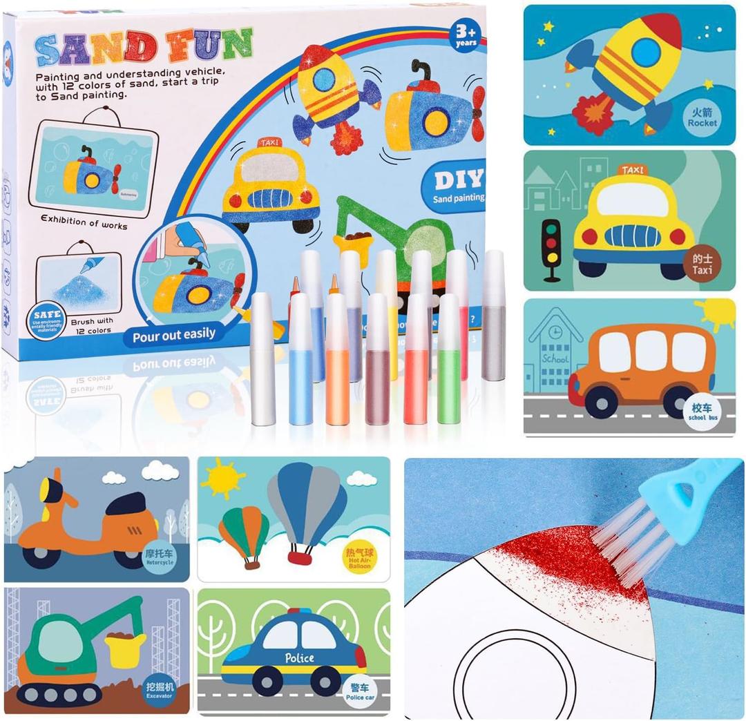 Colorful Sand Art Kit Crafts for Kids Ages 4-8- 12 Colored Sands, 16 Vehicles Sand Art Pictures - DIY Crafts Set for Girls and BoysArts and Crafts for Kids Ages 8-12
