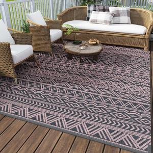 MontVoo Outdoor Rug Carpet Waterproof 5x8 Outdoor Patio Rug Mat Reverisble Plastic Straw Outdoor Rug for RV Camping Picnic Beach Balcony Boho Pink Grey