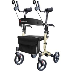 Aliseniors Upright Walker for Seniors, Foldable Rollator with Seat, Gold | 20.6" Wide Seat, 8" All-Terrain Wheels, Adjustable Armrests, Improves Posture, 300lbs , Dual Brakes, for Users 5'2" to 6'2"