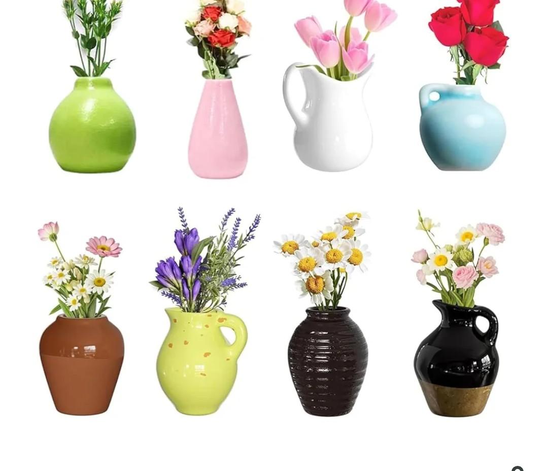 Pawnoc Mini Resin and Glass Vase Fridge Magnets 12 Pack with 7 Colors of Artificial Flowers for Refrigerator Kitchen Locker Office Mixed Material Magnetic Decoration, Set of 2