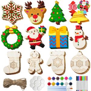 JOYIN 36 Pcs Christmas Wooden Hanging Ornaments Craft Kits, Unfinished Blank Wood Ornaments to Paint for Kids, Arts & Crafts Bulk, DIY Decorations Coloring Making Set for School Activities(Age 8+)