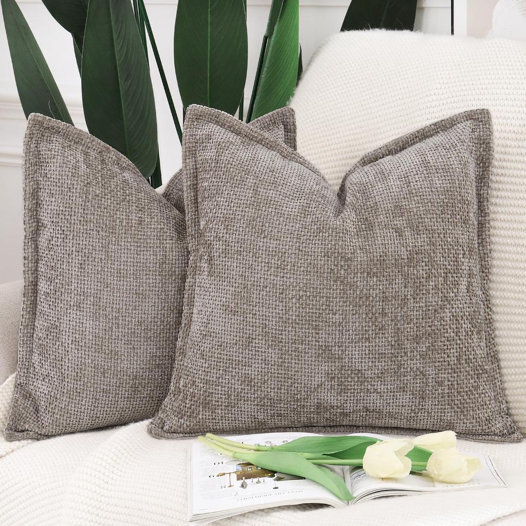 MADIZZ Chenille Velvet Throw Pillow Covers with Flange Set of 2 Super Soft Boho Textured Pillow Covers Decorative Throw Pillowcases Modern Farmhouse Home Decor for Sofa Bedroom Taupe 16x16 Inch