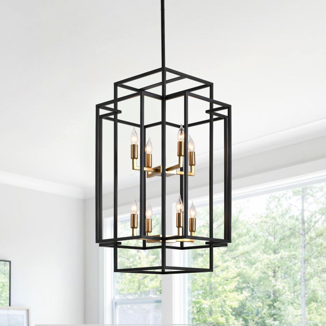 WJShome Black and Gold Chandelier, 8-Lights Tiered Lantern Pendant Light, Large Chandelier for High Ceilings, Modern Farmhouse Foyer Lighting Fixtures, for Living Room, Staircase, Entryway