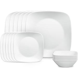 Corelle Vitrelle 18-Piece Service for 6 Square Dinnerware Set Triple Layer Glass and Chip Resistant, Lightweight Square Plates and Bowls Set, Pure White