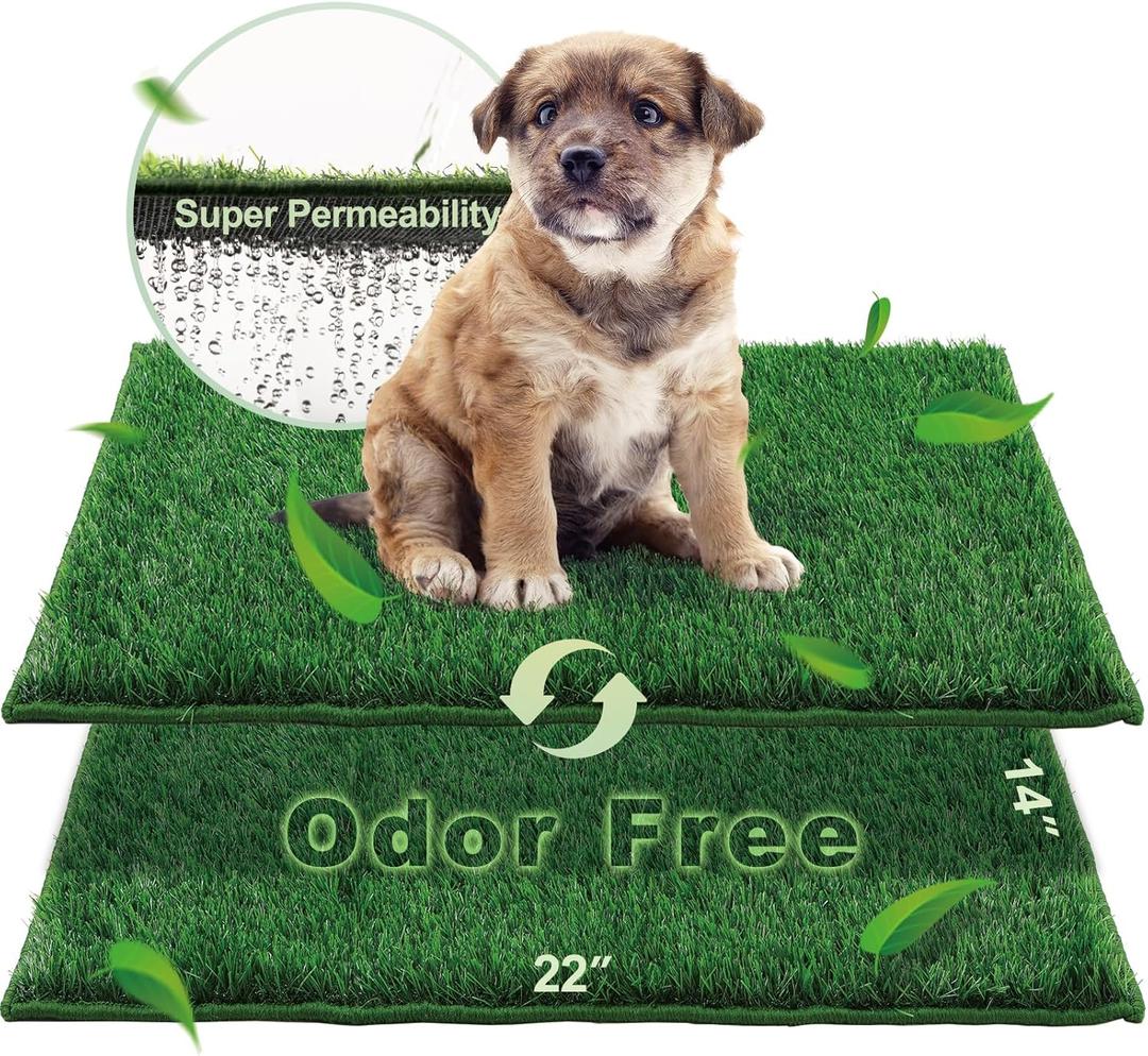 Artificial Grass, Dog Pee Grass Pads for Dogs Potty, 2PCS Odor Free Fake Grass for Dogs Small 22" x 14" with Countless Drainage Holes, Dog Potty Grass Hemmed Edge Realistic