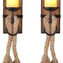 Wall Sconce Candle Holder Black Wall-Mount Metal and Wooden Candle Holders Hanging Iron Wall Candle Sconce Holder with Hemp Rope Decoration, for Home, Living Room, Bathroom, Dining Room, Set of 2