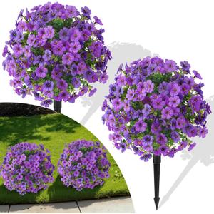 Alupssuc 2Pcs 20" Artificial Topiary Ball Flowers for Outdoors, Spring Decoration with Spike, UV Resistant Faux Summer Plants, Fake Bushes Indoor Decor, Purple Deep Purple for Garden, Porch & Patio
