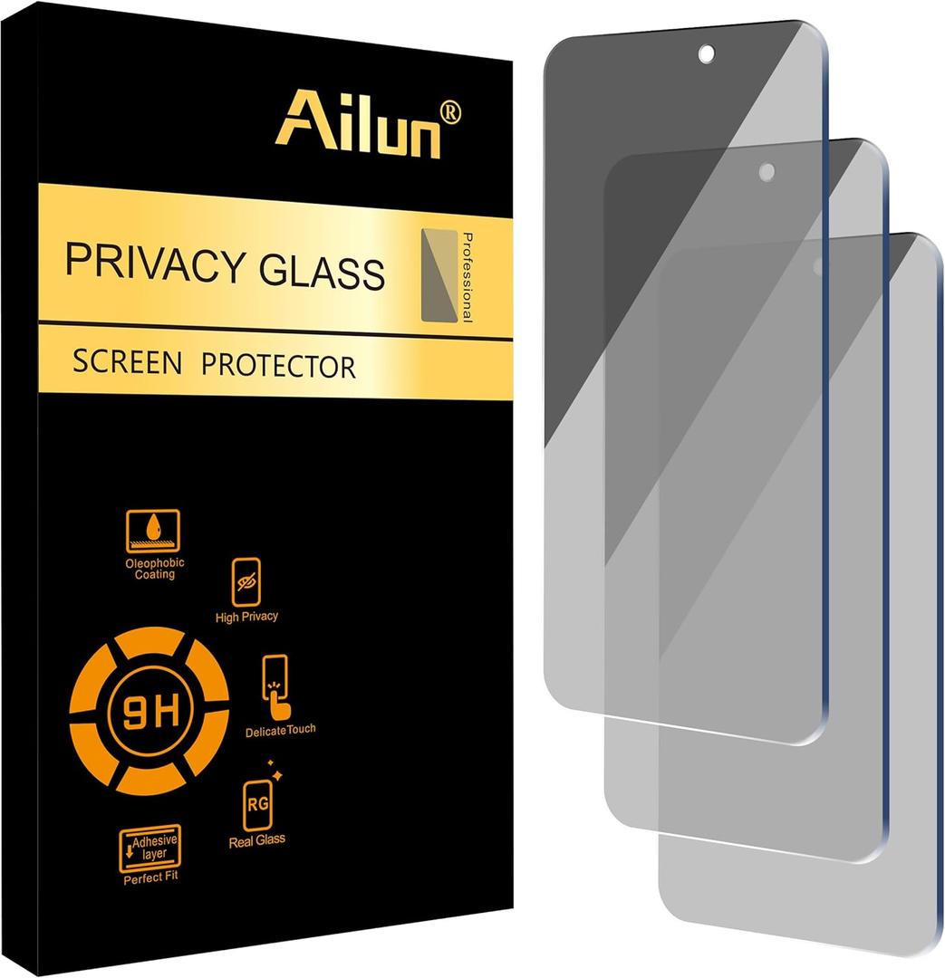Ailun Privacy Screen Protector for iPhone 16 Plus/ 15 Plus/ 15 Pro Max 6.7 Inch 3 Pack Tempered Glass Anti Spy Private