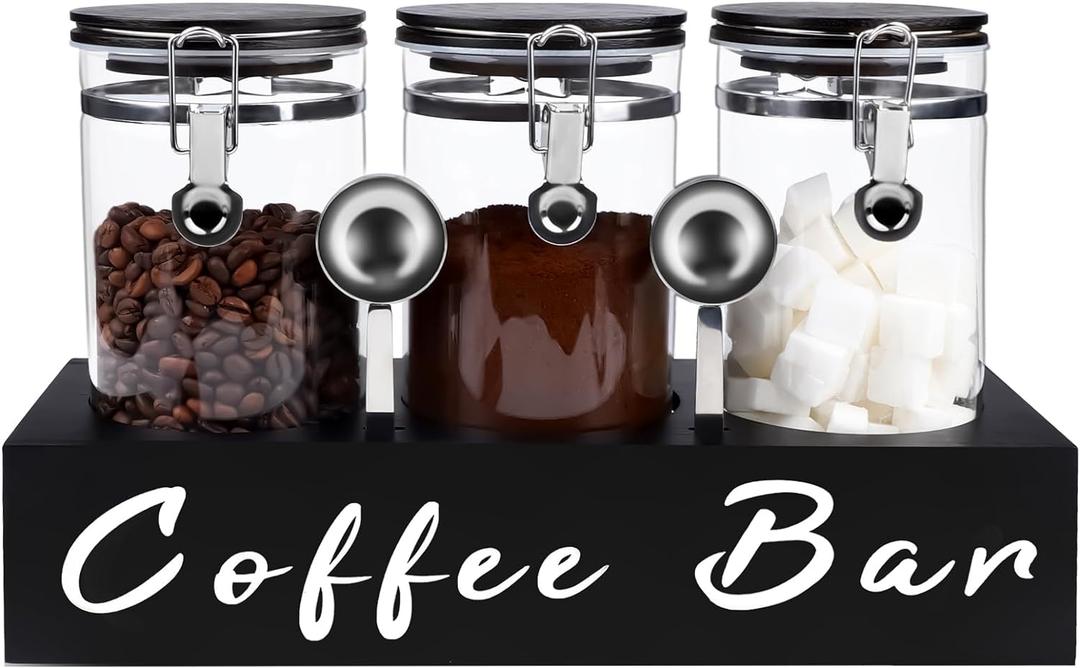 3 x 54 oz Glass Coffee Bean Storage Container with Shelf 3PCS Glass Containers with Airtight Locking Clamp Lid Spoons Coffee Canister Set Jars for Kitchen Food Storage Tea Sugar Black