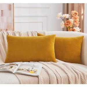 Throw Pillow Covers Mustard Yellow Set of 2 12x20 Inch Fall Pillow Covers, Soft Velvet Farmhouse Lumbar Decorative Pillowcases for Couch Sofa Bed, Home Boho Decor, Modern Cushion Covers