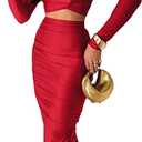 Women 2 Piece Skirt Sets Sexy Bodycon Ruched Maxi Dresses Long Sleeve Crop Tops Wrap Pencil Dress Club Outfits (Medium, Red)