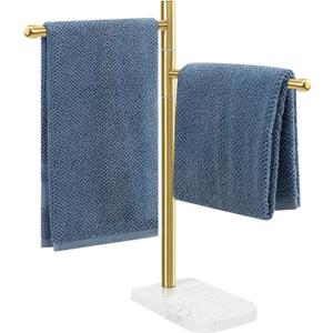 Hand Towel Holder, F-Shape Hand Towel Stand with Marble Base, Stainless Steel Swivel Hand Towel Rack Bar Standing for Bathroom Kitchen Countertop, 2 Arms (Gold)